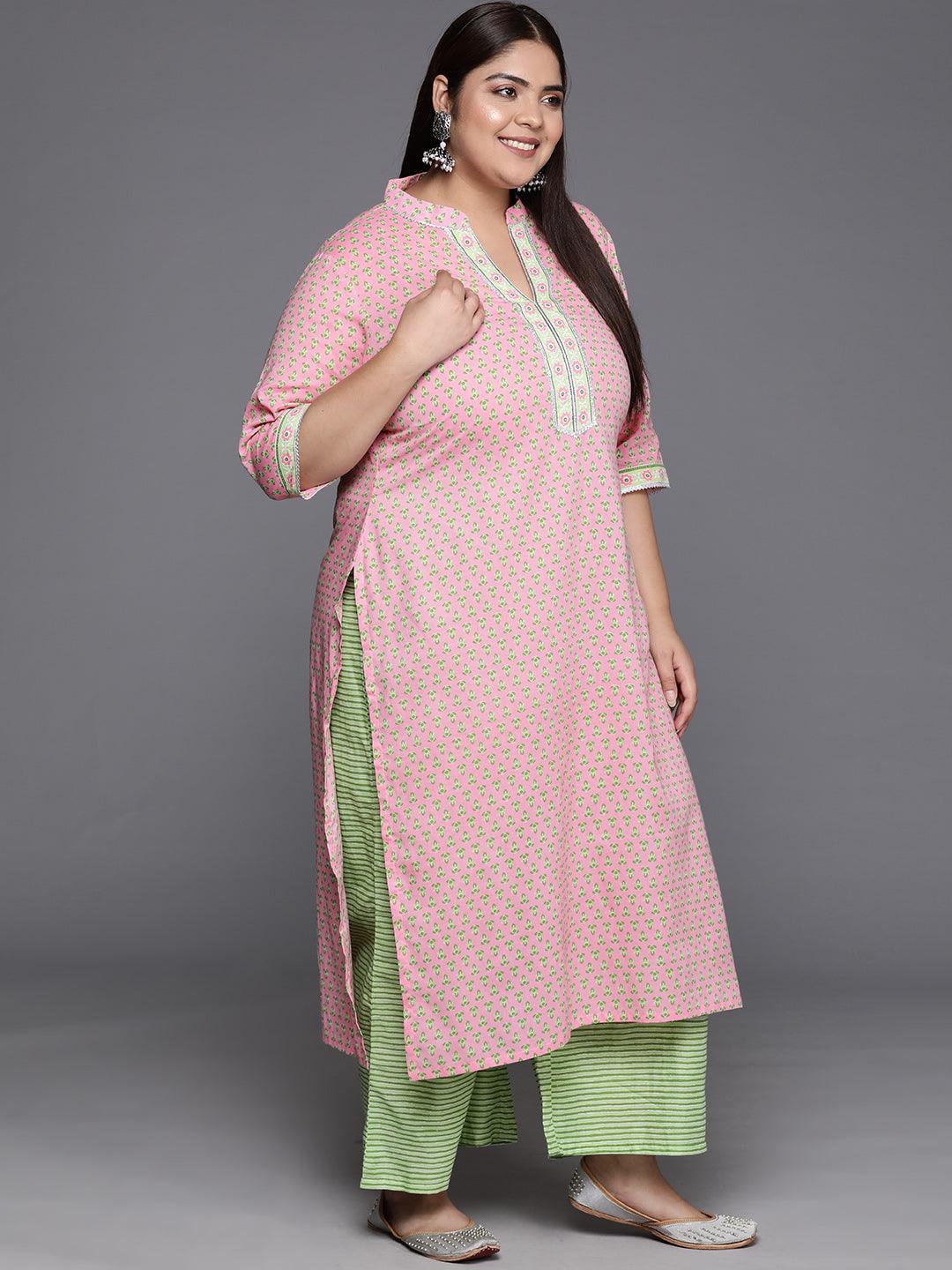 Plus Size Pink Printed Cotton Straight Kurta With Palazzos & Dupatta - ShopLibas