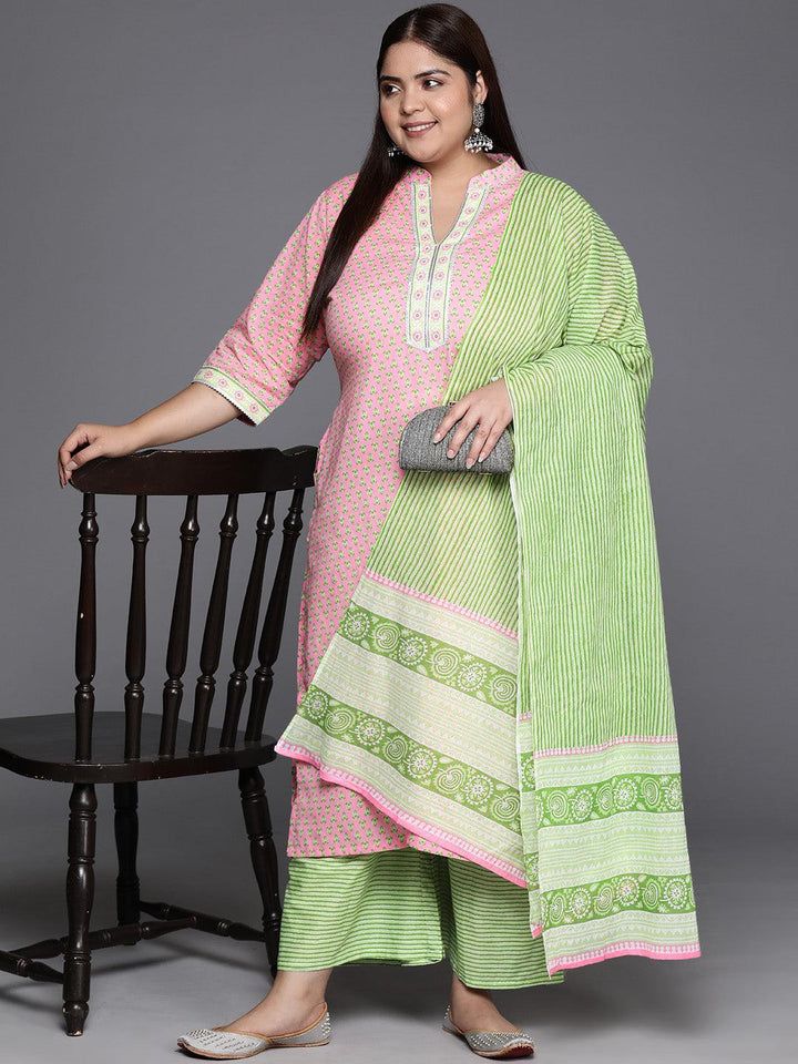 Plus Size Pink Printed Cotton Straight Kurta With Palazzos & Dupatta - ShopLibas