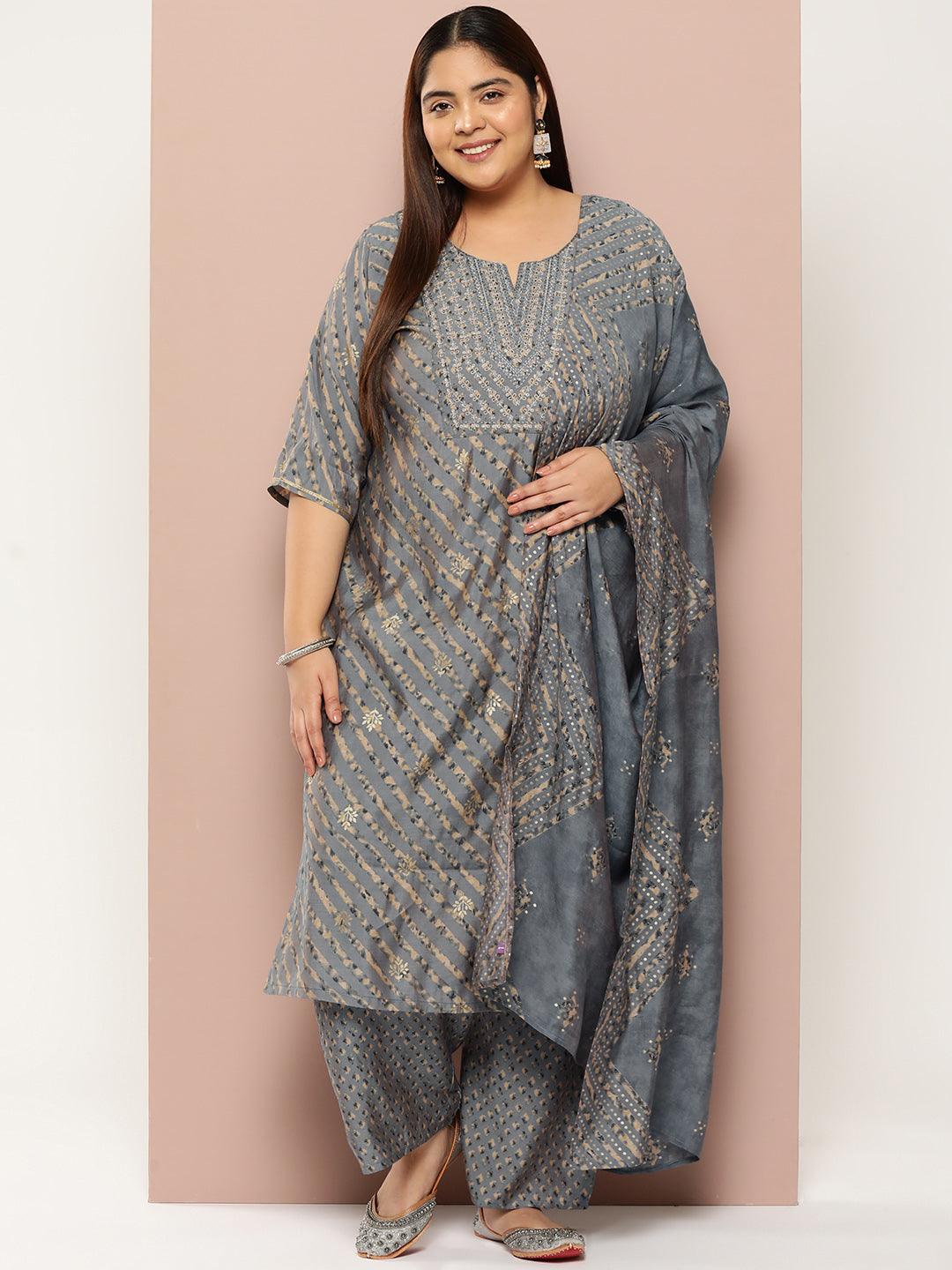 Plus Size Grey Yoke Design Silk Blend Straight Kurta With Trousers & Dupatta - ShopLibas