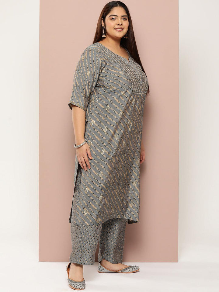 Plus Size Grey Yoke Design Silk Blend Straight Kurta With Trousers & Dupatta - ShopLibas