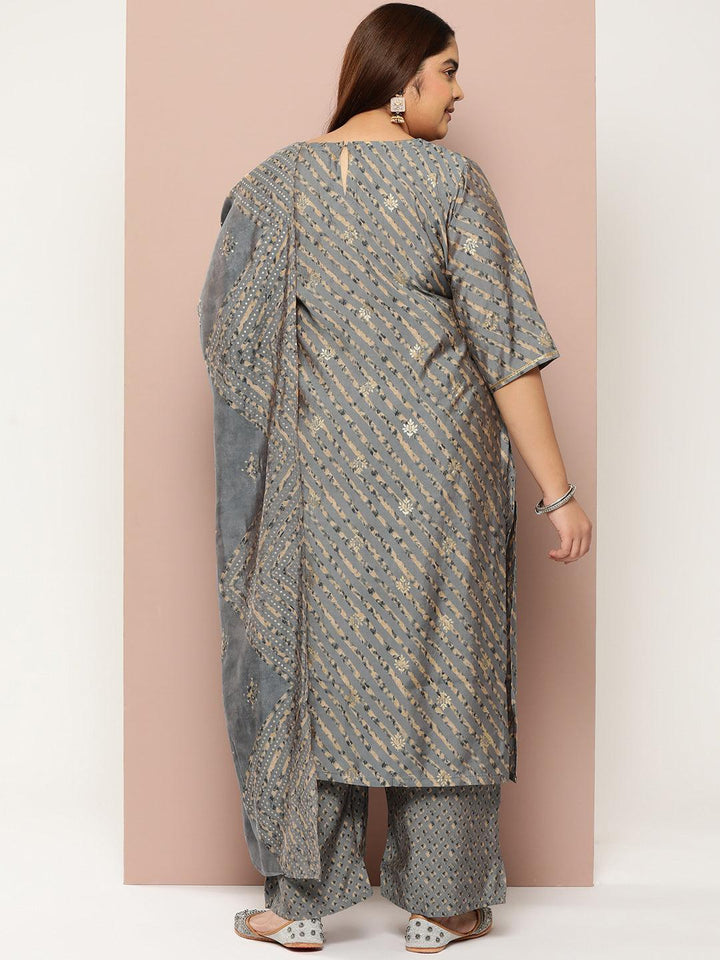 Plus Size Grey Yoke Design Silk Blend Straight Kurta With Trousers & Dupatta - ShopLibas