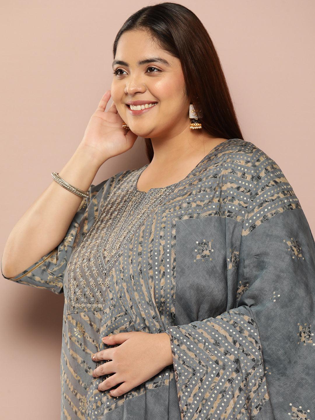 Plus Size Grey Yoke Design Silk Blend Straight Kurta With Trousers & Dupatta - ShopLibas