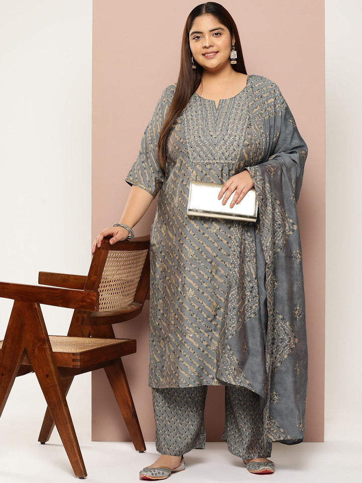 Plus Size Grey Yoke Design Silk Blend Straight Kurta With Trousers & Dupatta - ShopLibas