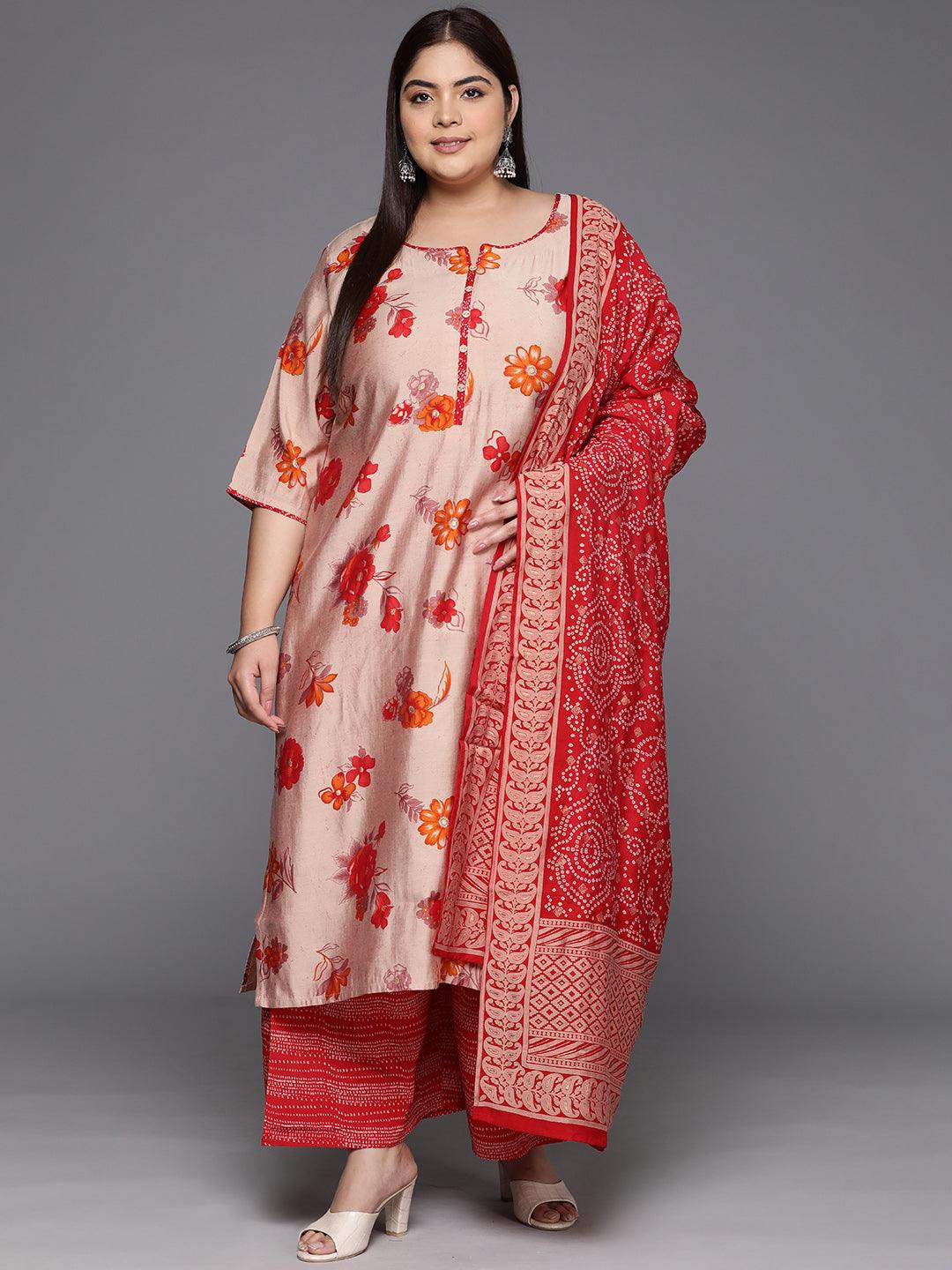 Plus Size Red Printed Silk Blend Straight Kurta With Palazzos & Dupatta - ShopLibas