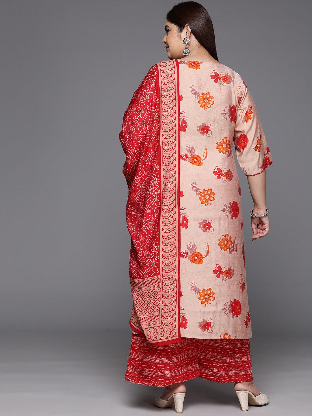 Plus Size Red Printed Silk Blend Straight Kurta With Palazzos & Dupatta - ShopLibas