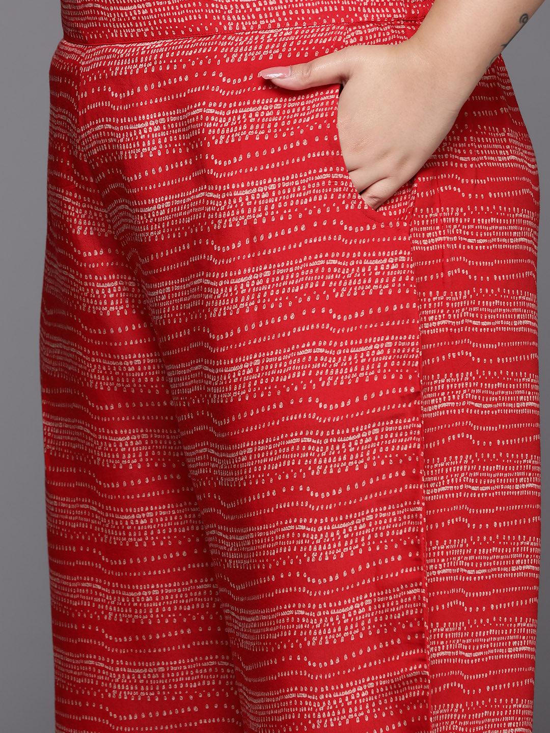 Plus Size Red Printed Silk Blend Straight Kurta With Palazzos & Dupatta - ShopLibas