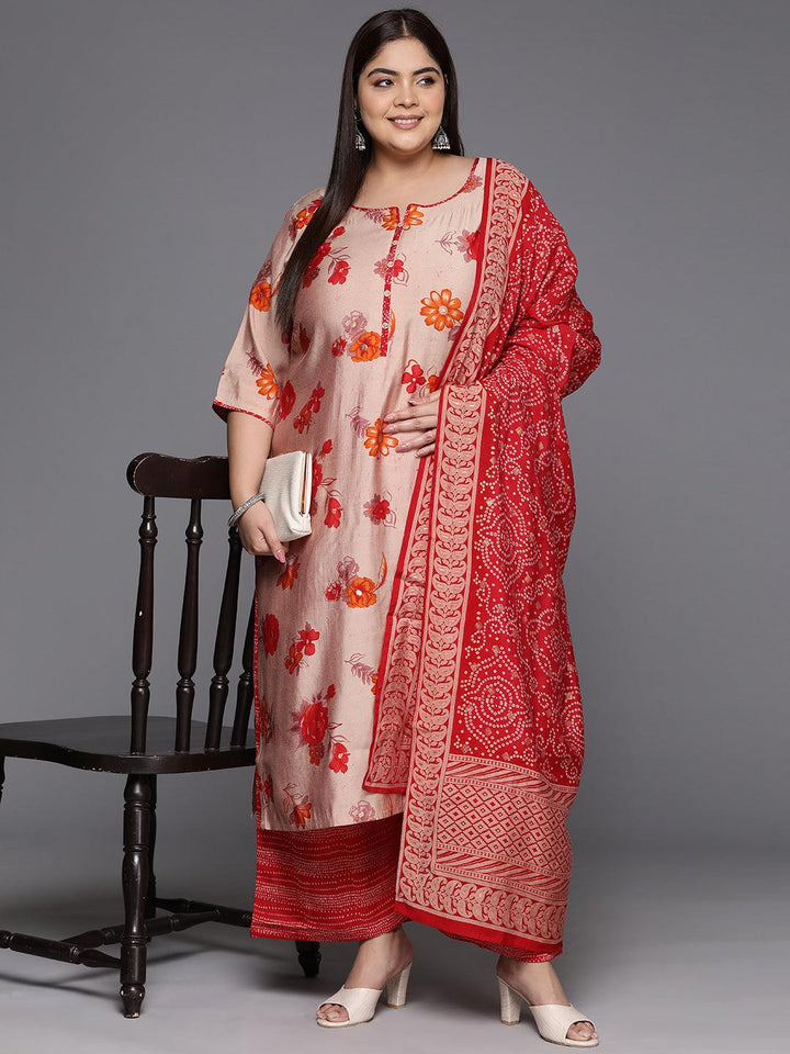 Plus Size Red Printed Silk Blend Straight Kurta With Palazzos & Dupatta - ShopLibas