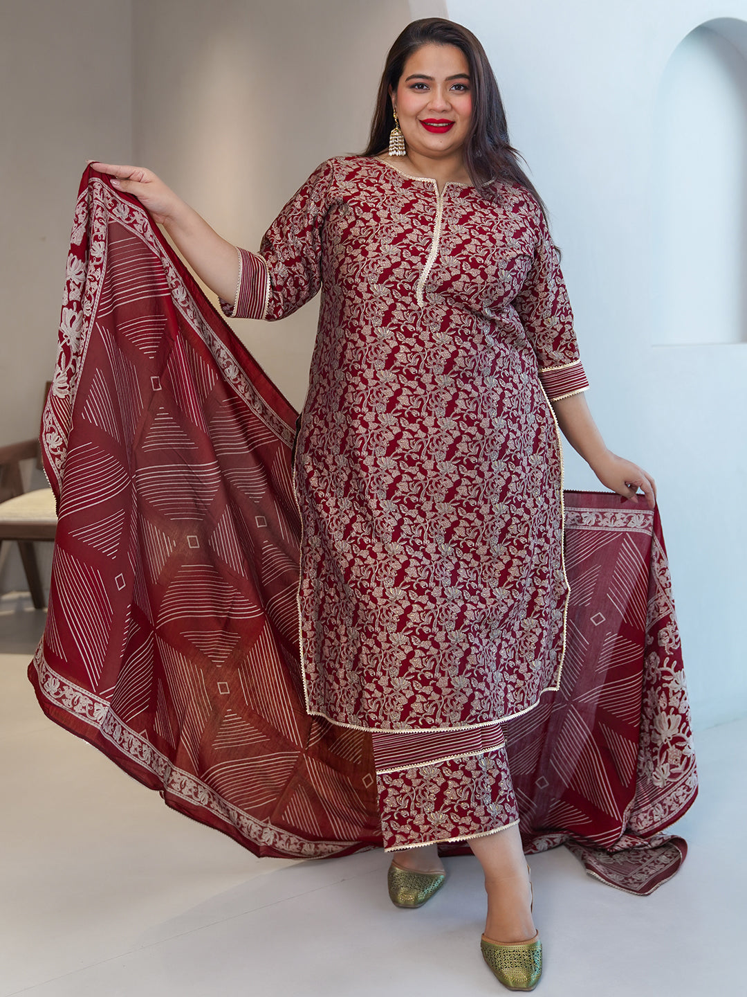 Plus Size Red Printed Silk Blend Straight Suit With Dupatta