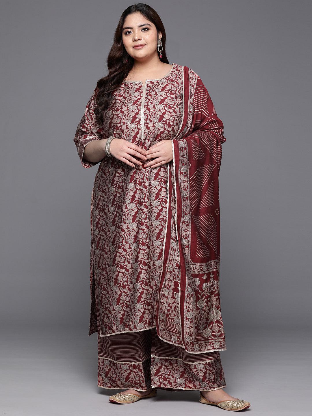 Plus Size Red Printed Silk Blend Straight Kurta With Palazzos & Dupatta - ShopLibas