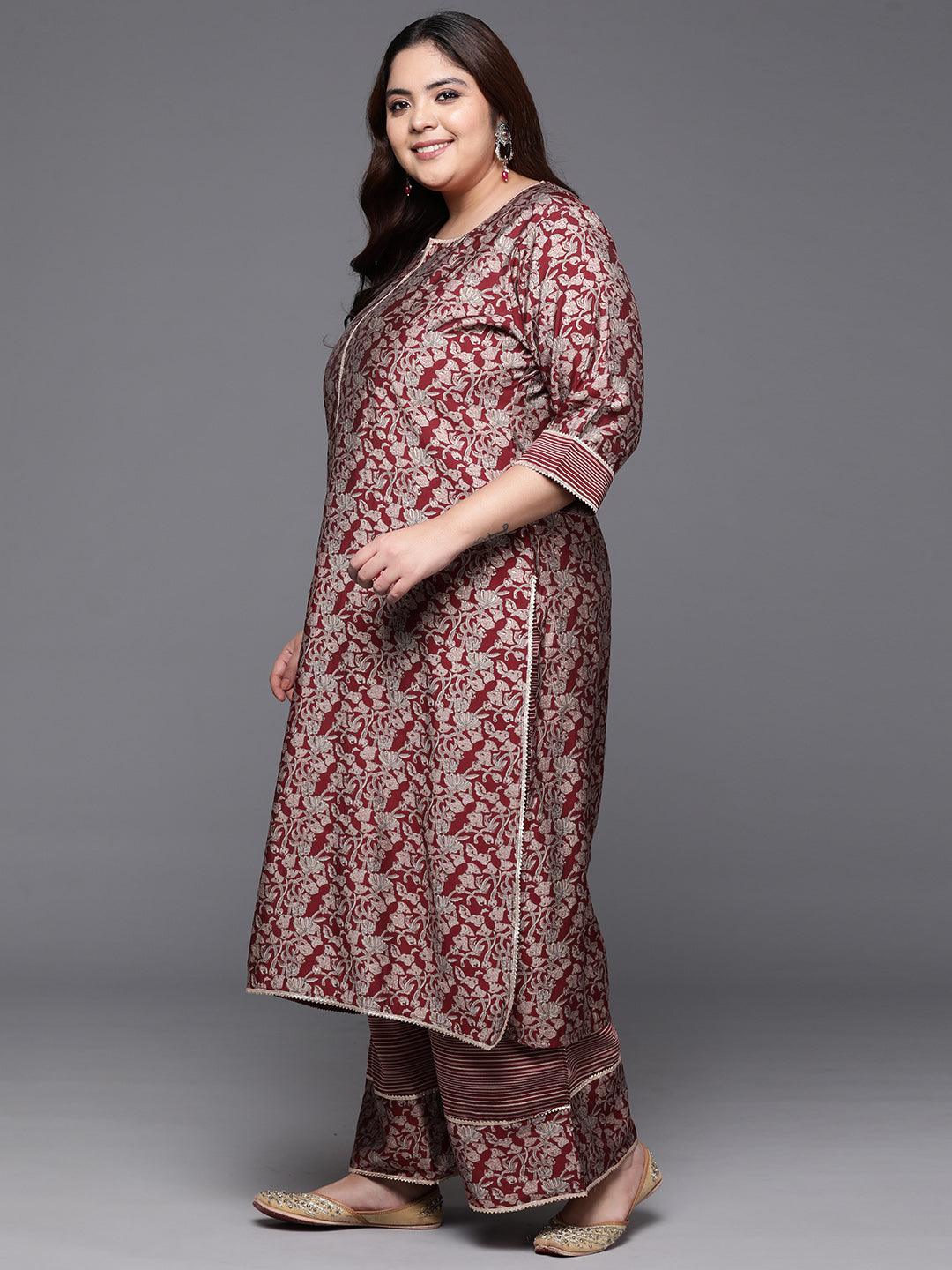 Plus Size Red Printed Silk Blend Straight Suit With Dupatta