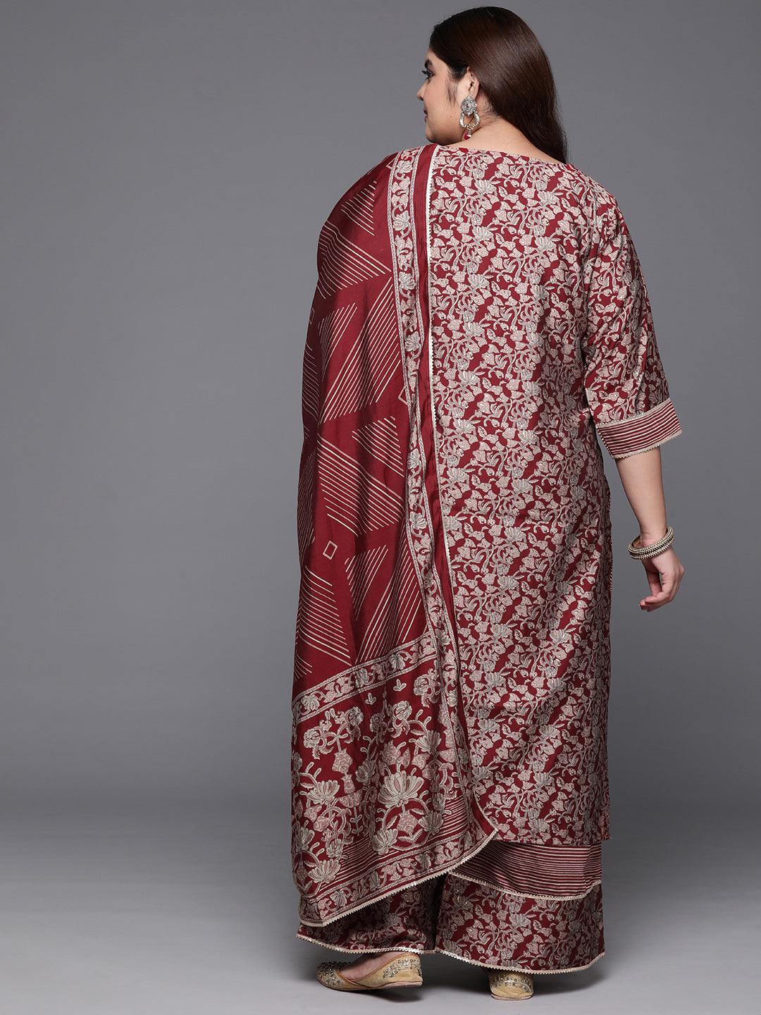 Plus Size Red Printed Silk Blend Straight Kurta With Palazzos & Dupatta - ShopLibas