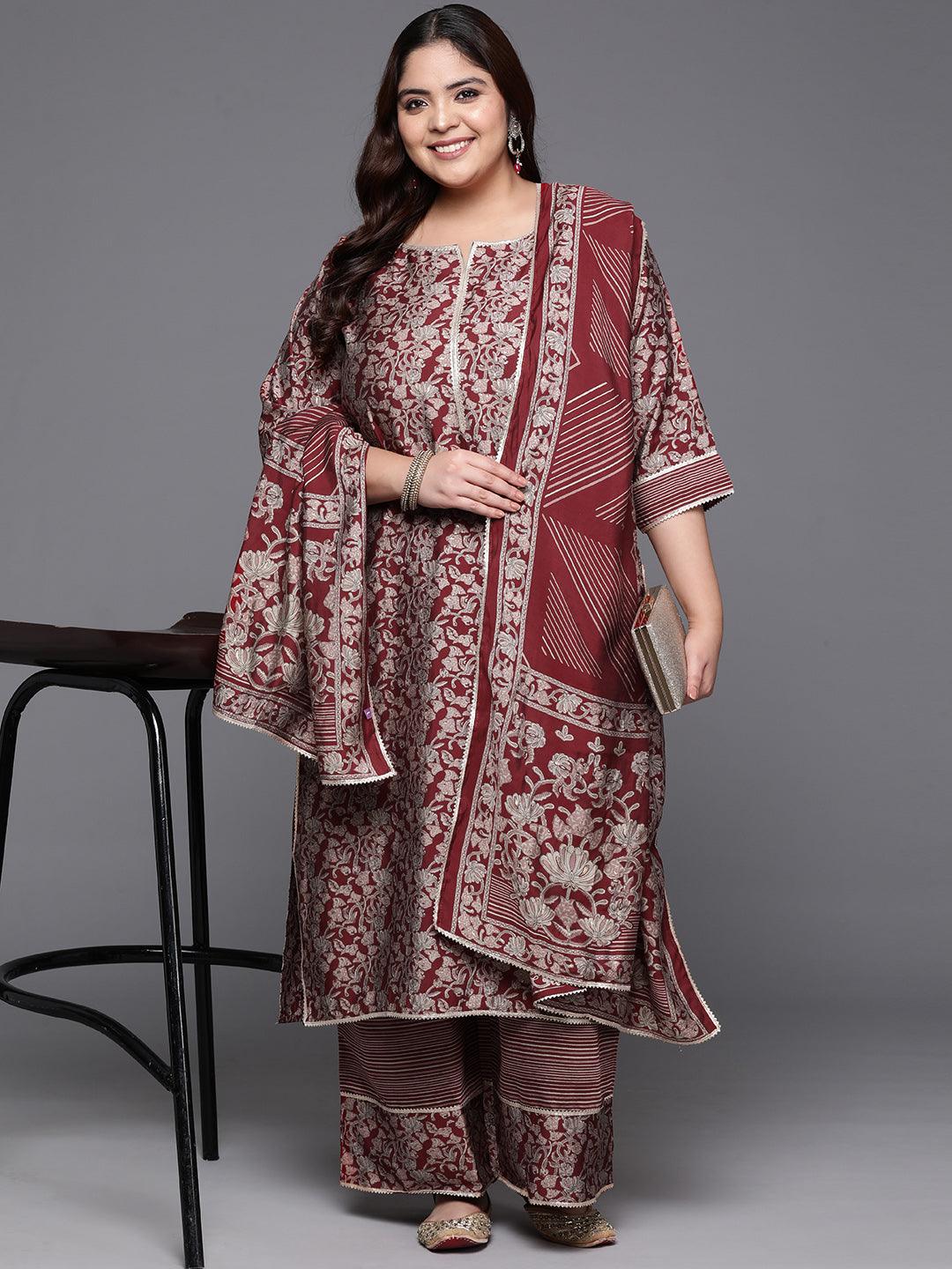 Plus Size Red Printed Silk Blend Straight Kurta With Palazzos & Dupatta - ShopLibas