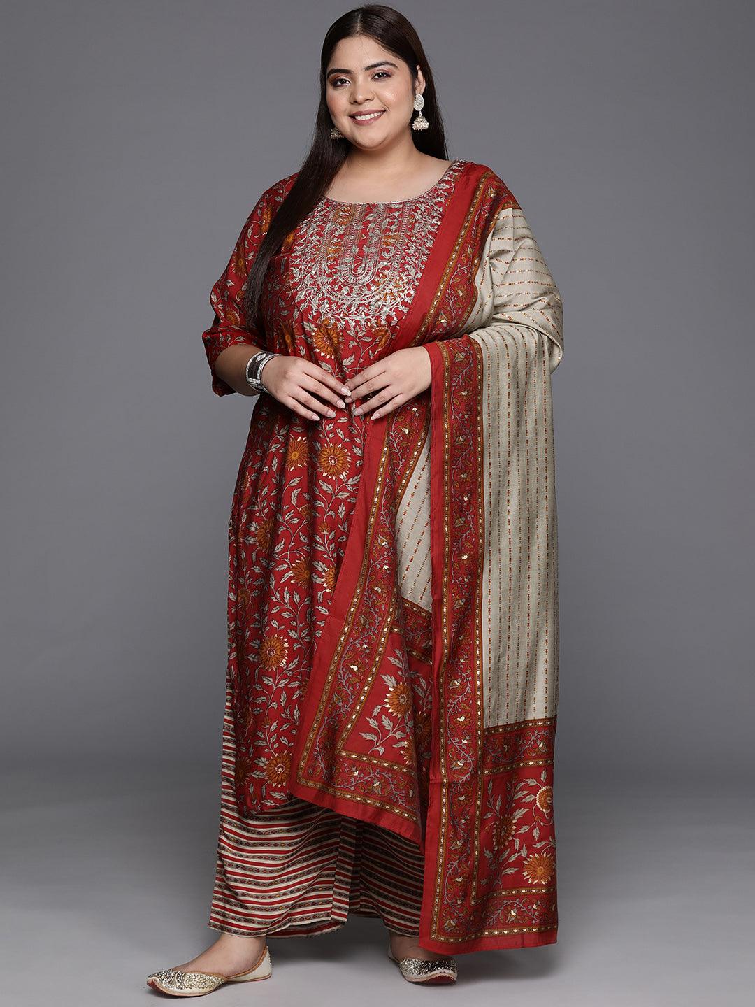 Plus Size Red Yoke Design Silk Blend Straight Kurta With Trousers & Dupatta - ShopLibas