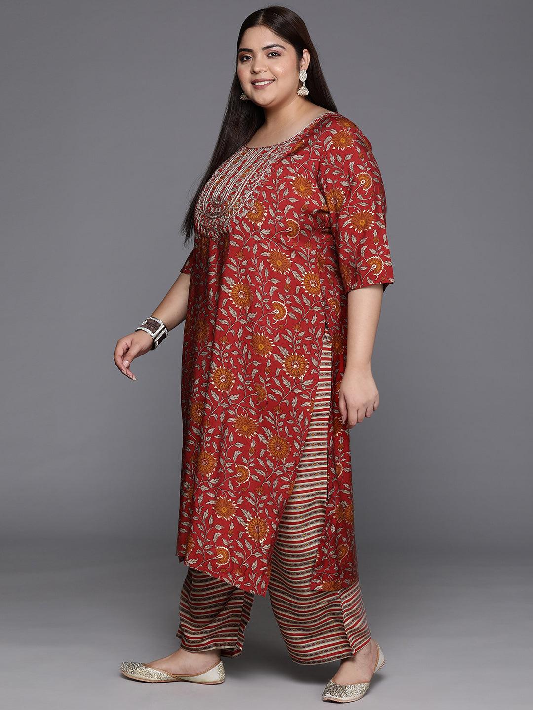 Plus Size Red Yoke Design Silk Blend Straight Kurta With Trousers & Dupatta - ShopLibas