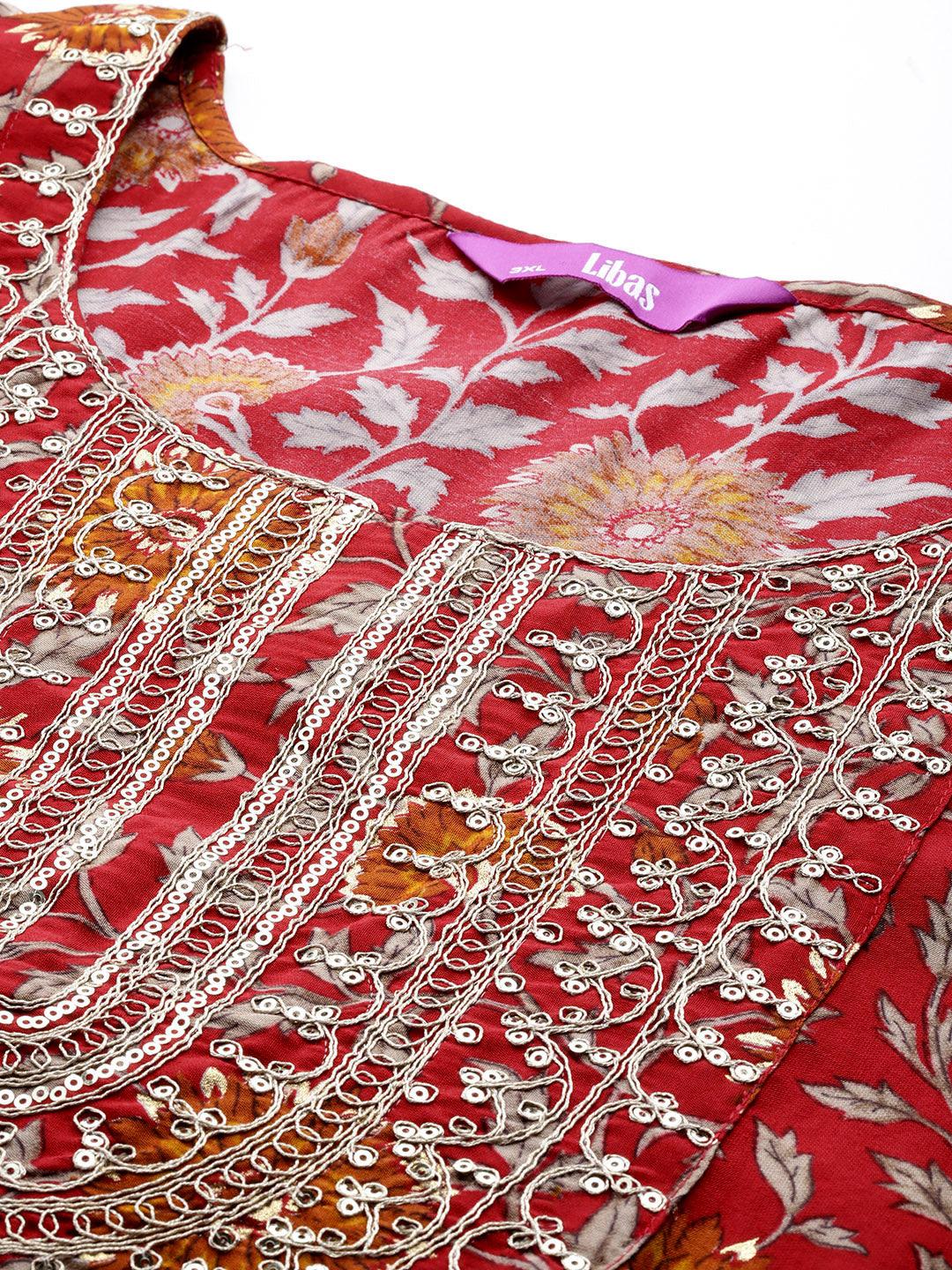 Plus Size Red Yoke Design Silk Blend Straight Suit With Dupatta