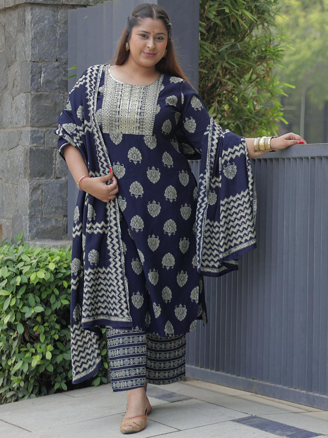 Plus Size Blue Printed Silk Blend Straight Suit With Dupatta