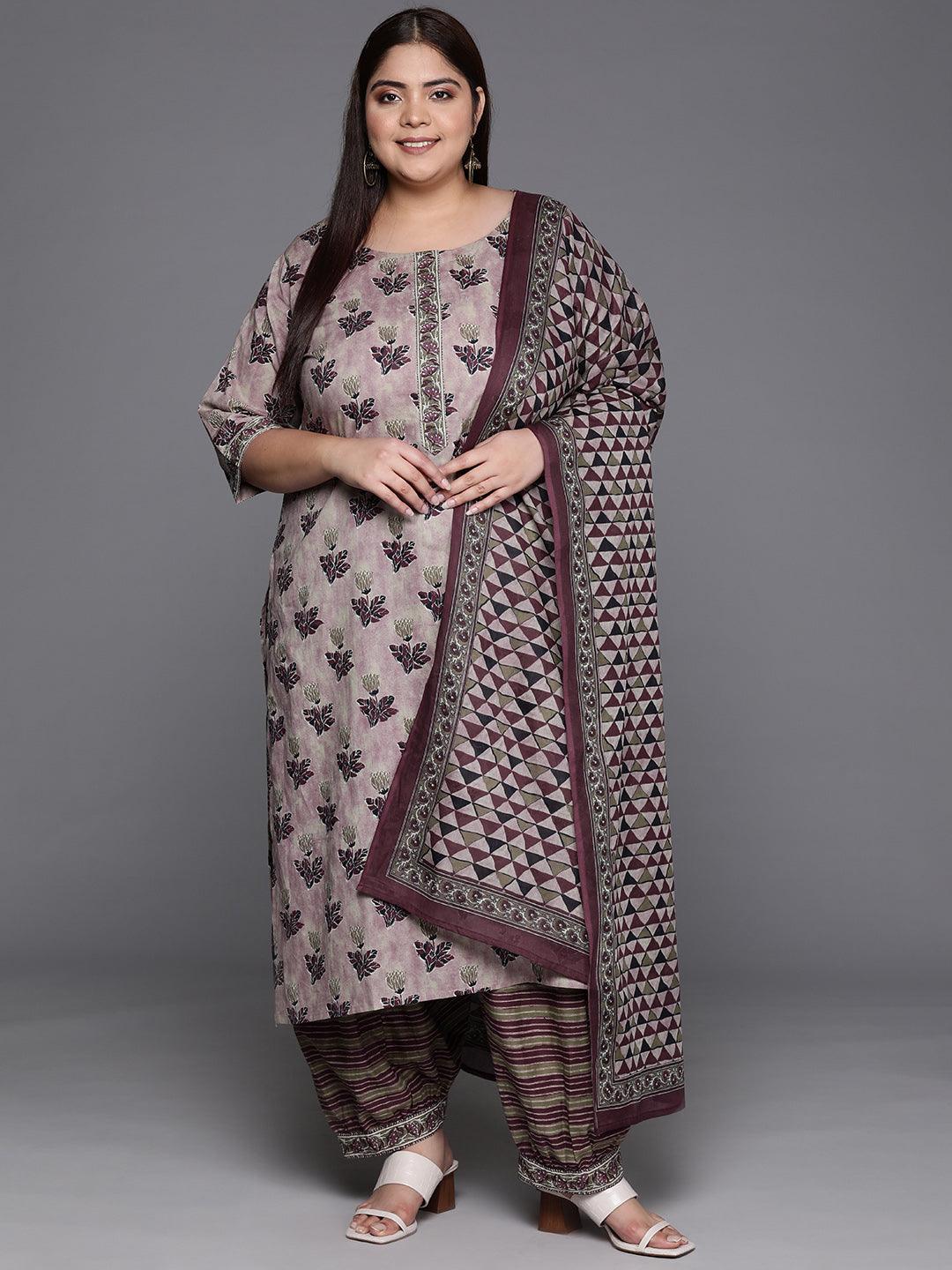 Plus Size Pink Printed Cotton Straight Kurta With Salwar & Dupatta - ShopLibas