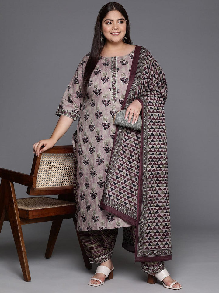 Plus Size Pink Printed Cotton Straight Kurta With Salwar & Dupatta - ShopLibas