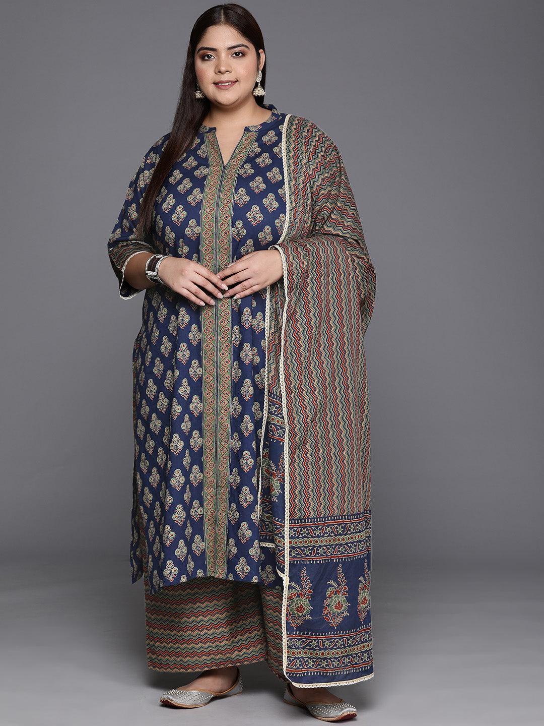 Plus Size Blue Printed Cotton Straight Kurta With Palazzos & Dupatta - ShopLibas