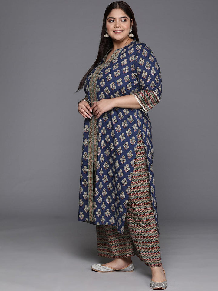 Plus Size Blue Printed Cotton Straight Kurta With Palazzos & Dupatta - ShopLibas