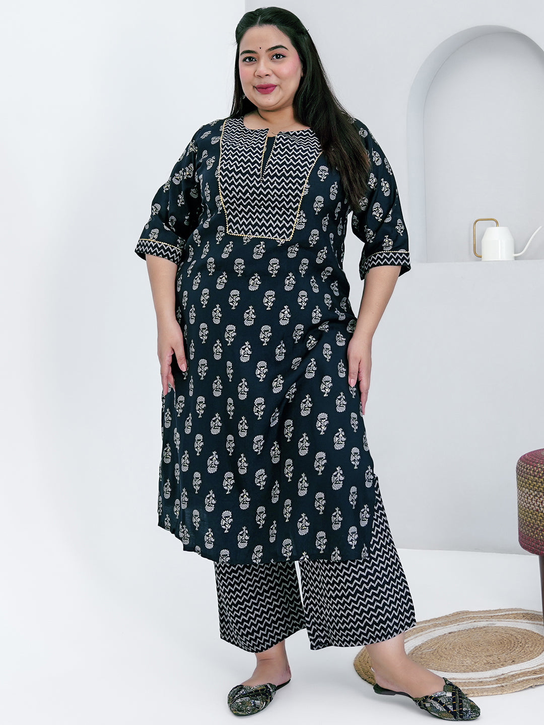 Plus Size Blue Printed Silk Blend Straight Kurta Set