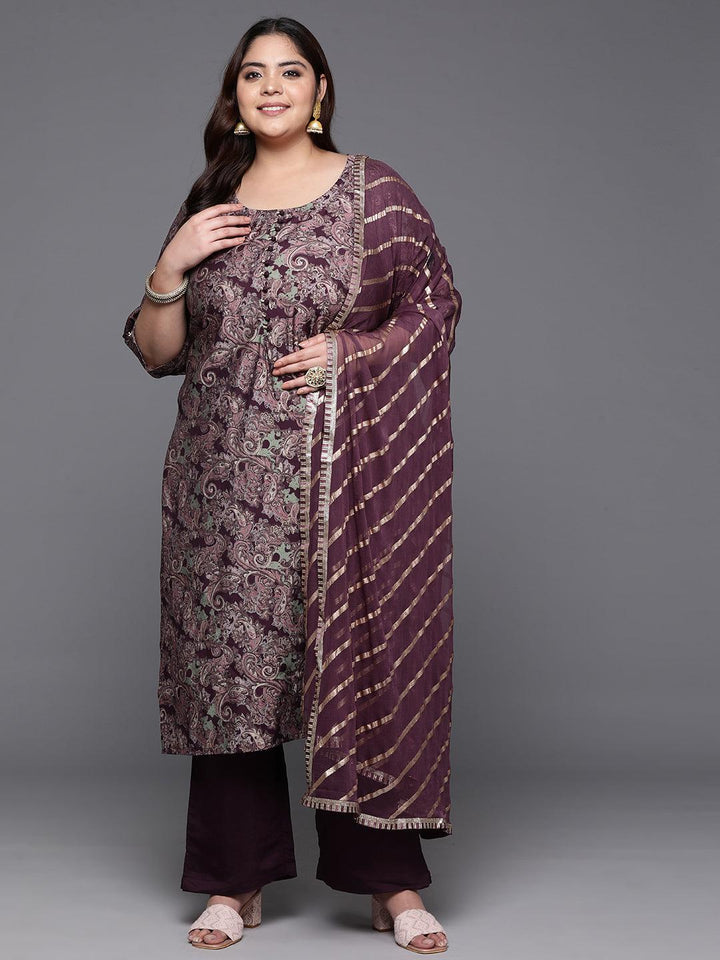 Plus Size Wine Printed Silk Blend Straight Kurta With Trousers & Dupatta - ShopLibas