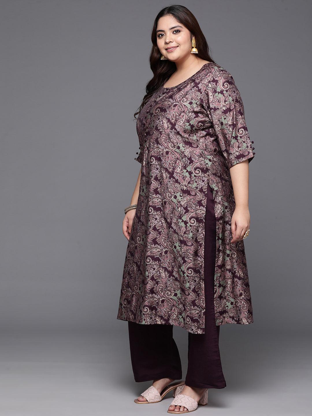 Plus Size Wine Printed Silk Blend Straight Suit With Dupatta