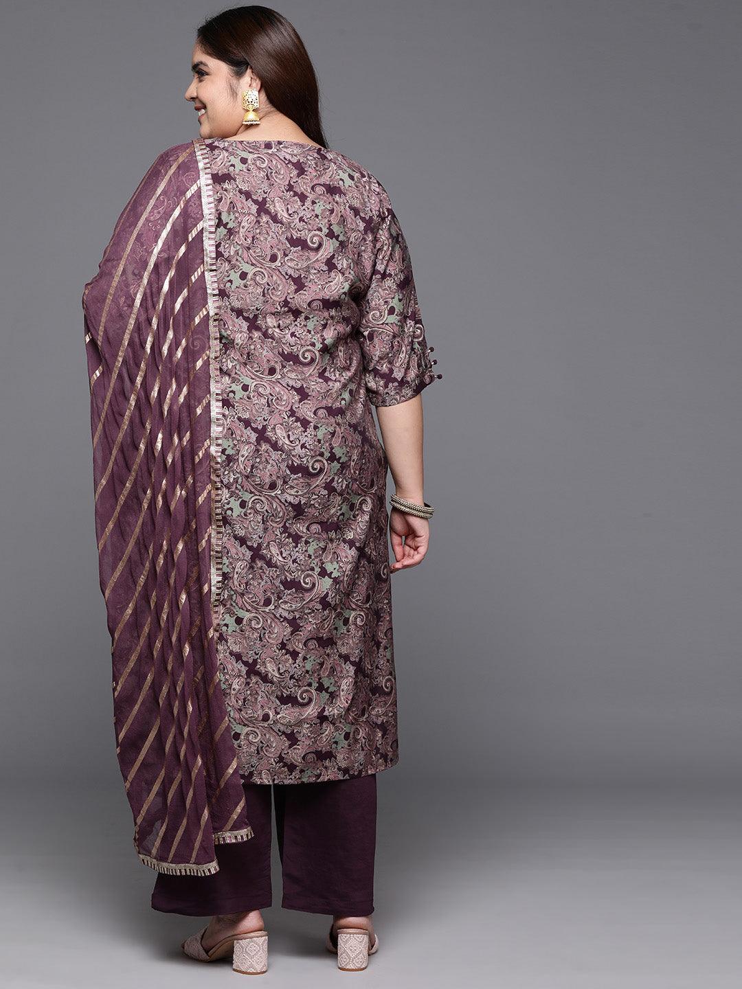 Plus Size Wine Printed Silk Blend Straight Suit With Dupatta