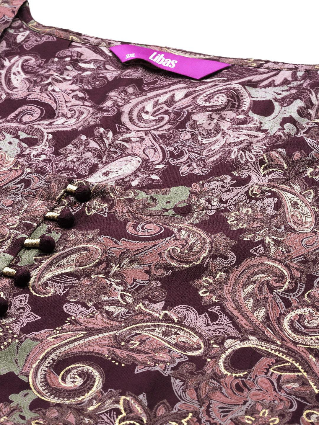 Plus Size Wine Printed Silk Blend Straight Suit With Dupatta