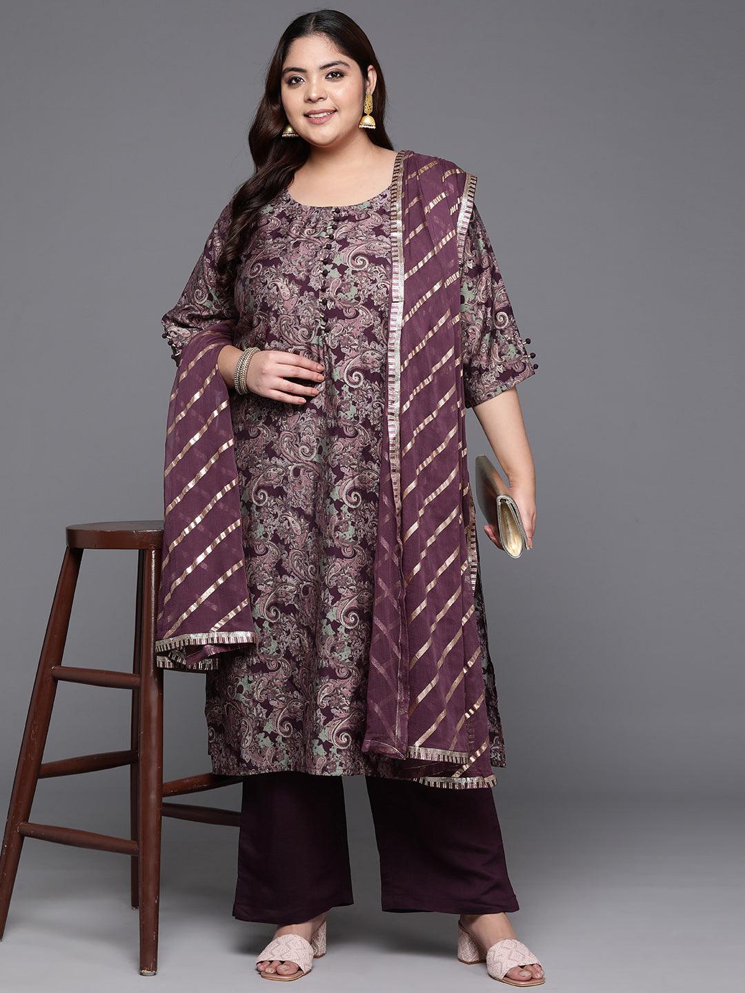 Plus Size Wine Printed Silk Blend Straight Suit With Dupatta