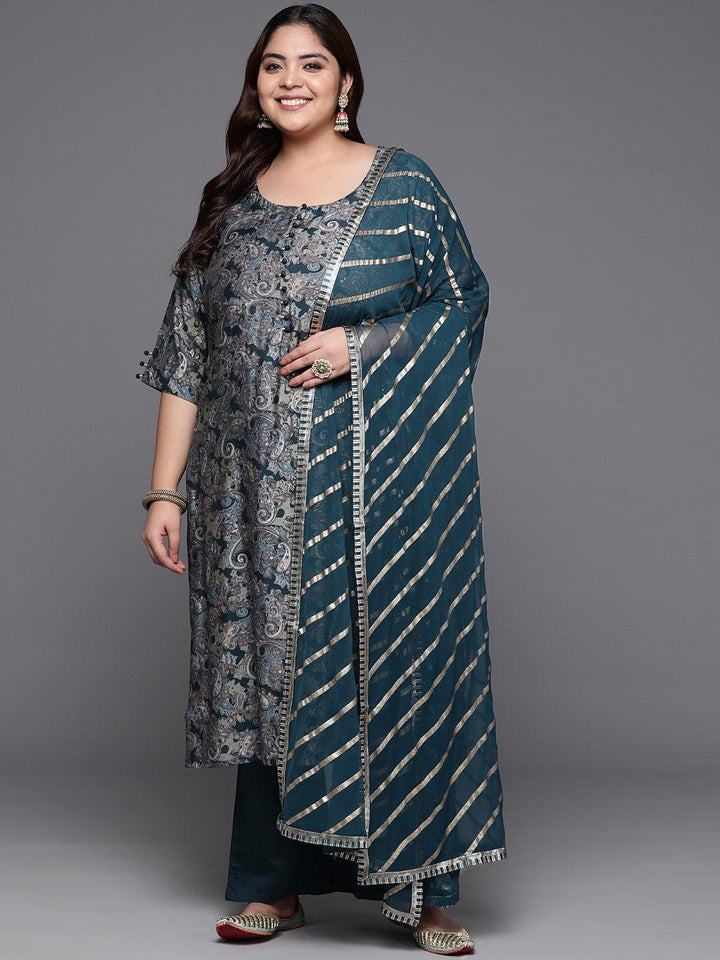 Plus Size Blue Printed Silk Blend Straight Kurta With Trousers & Dupatta - ShopLibas