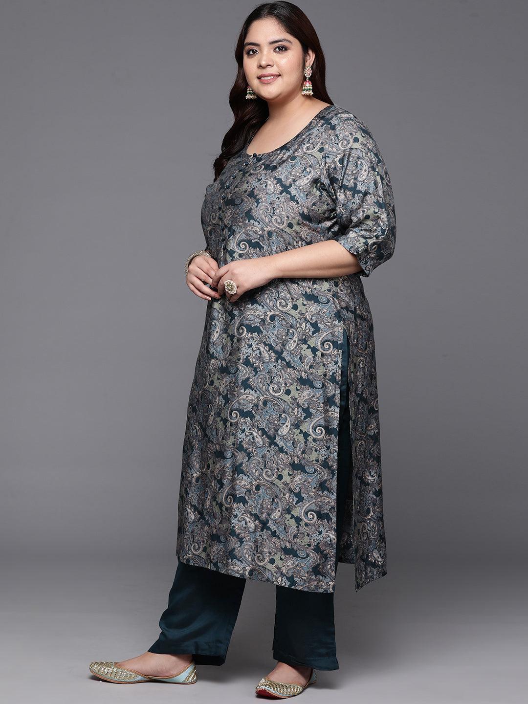 Plus Size Blue Printed Silk Blend Straight Kurta With Trousers & Dupatta - ShopLibas