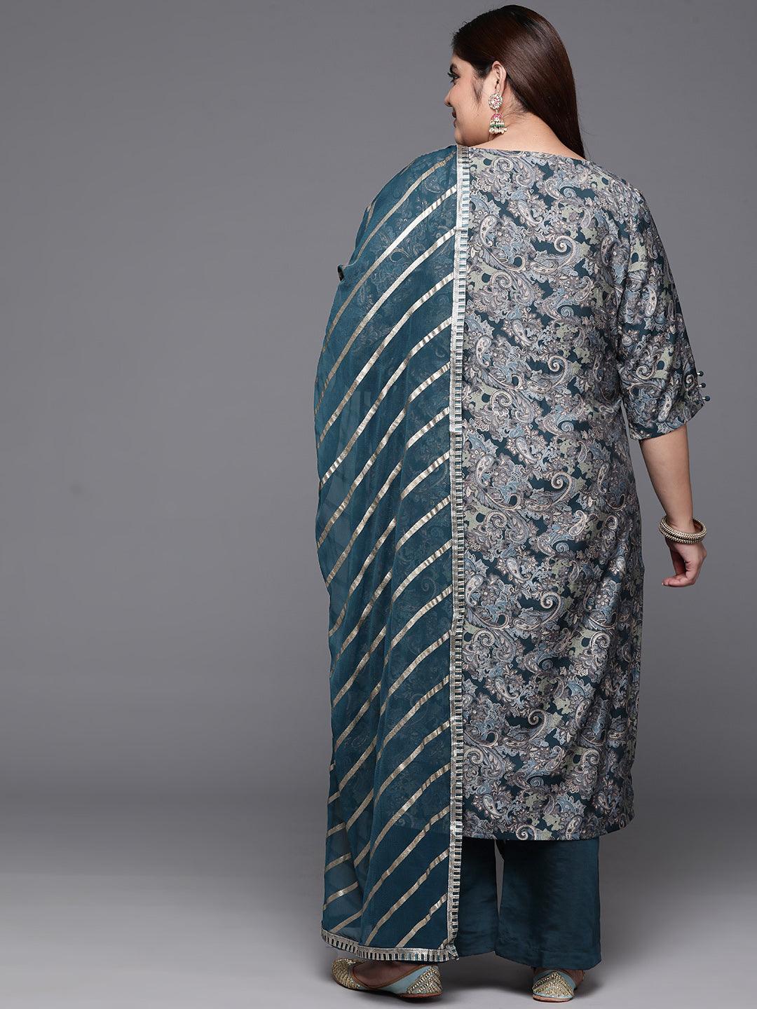 Plus Size Blue Printed Silk Blend Straight Suit With Dupatta