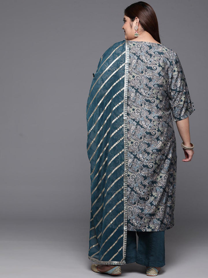 Plus Size Blue Printed Silk Blend Straight Kurta With Trousers & Dupatta - ShopLibas