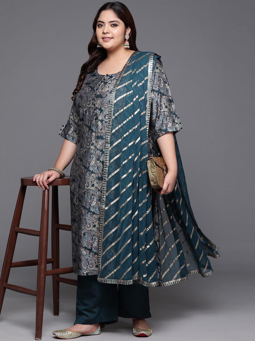 Plus Size Blue Printed Silk Blend Straight Kurta With Trousers & Dupatta - ShopLibas