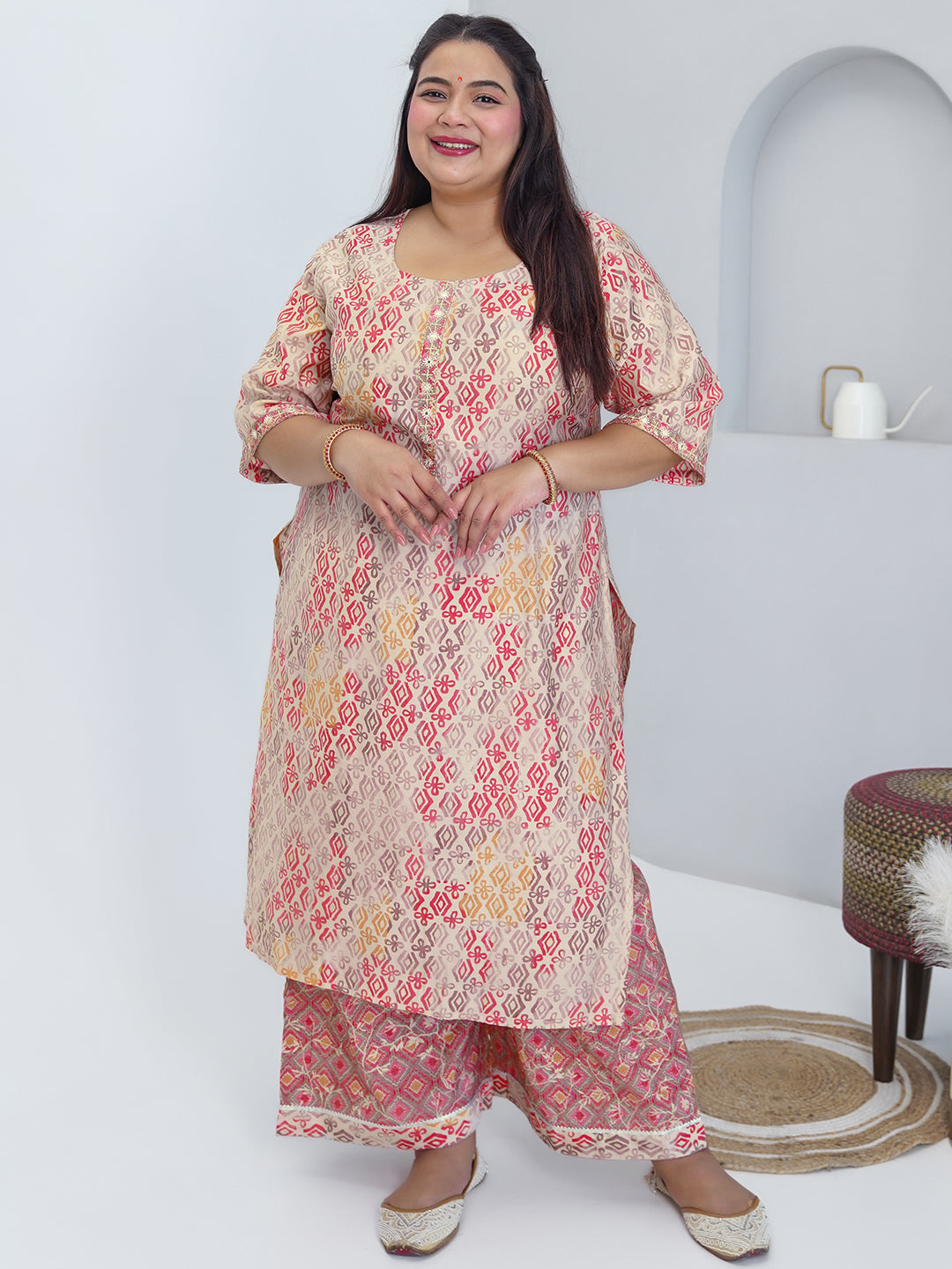 Plus Size Peach Printed Silk Blend Straight Kurta Set