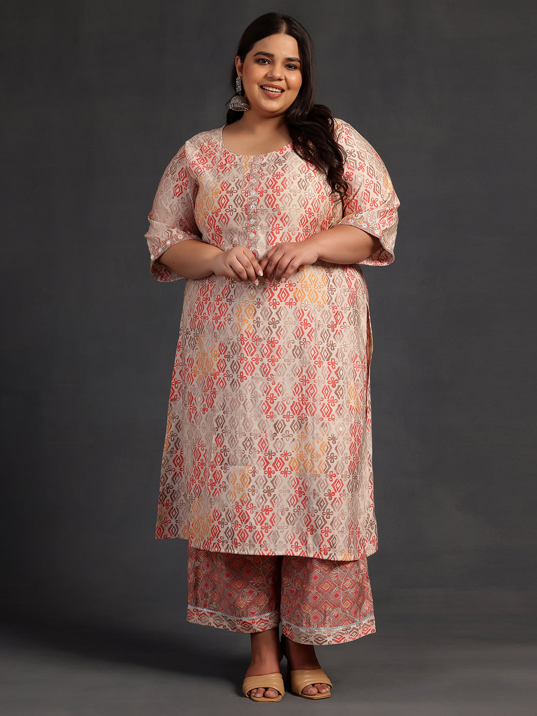 Plus Size Peach Printed Silk Blend Straight Kurta Set