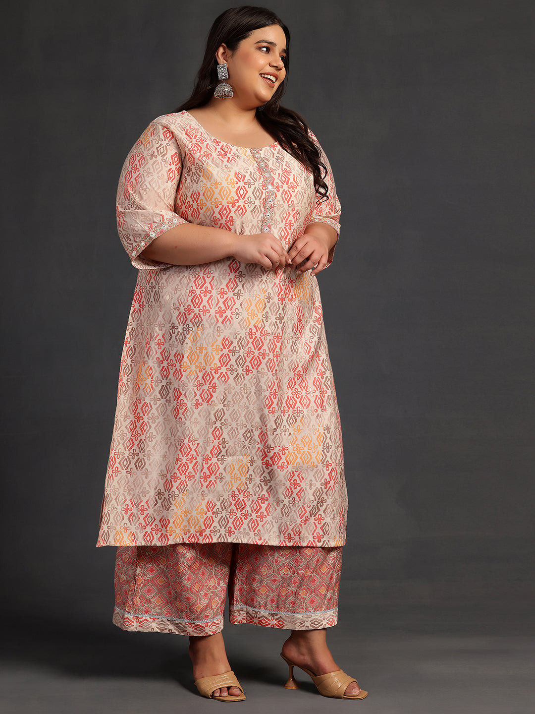 Plus Size Peach Printed Silk Blend Straight Kurta Set