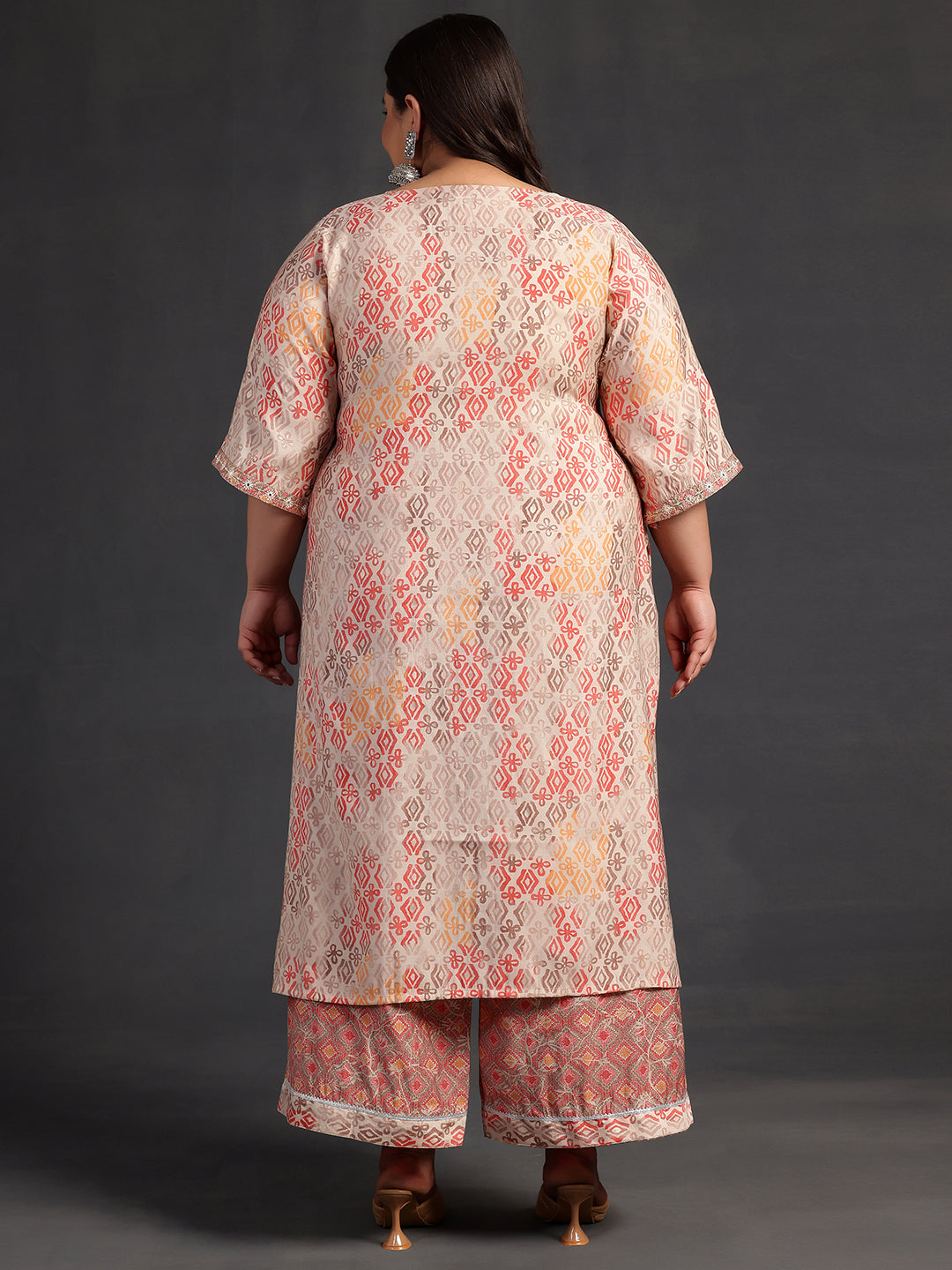 Plus Size Peach Printed Silk Blend Straight Kurta Set