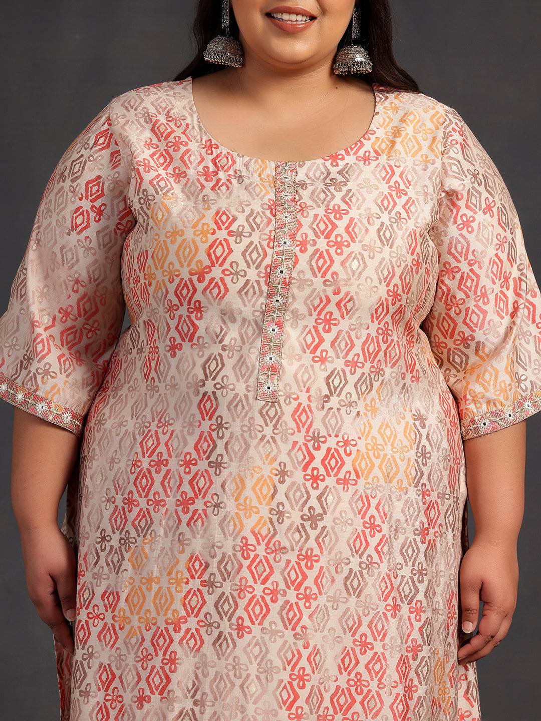 Plus Size Peach Printed Silk Blend Straight Kurta Set