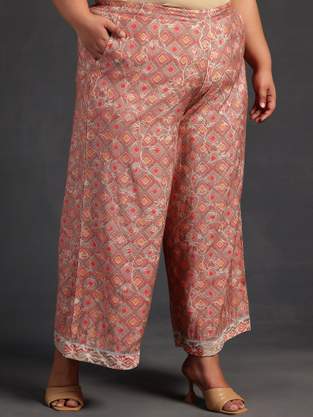 Plus Size Peach Printed Silk Blend Straight Kurta Set