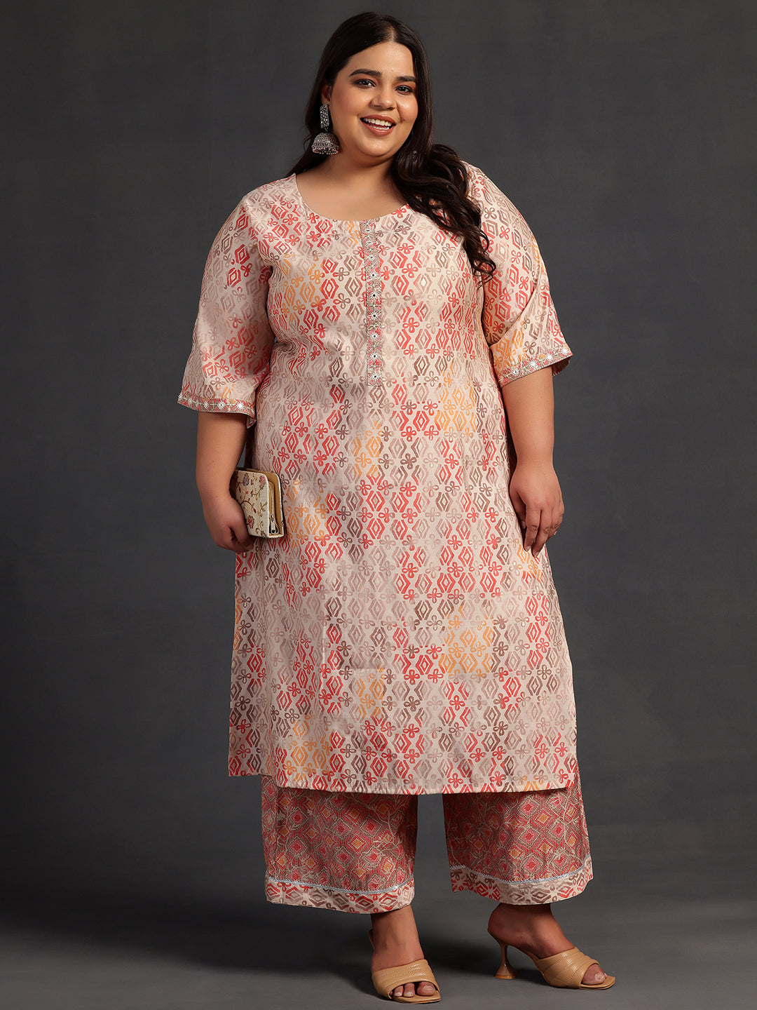 Plus Size Peach Printed Silk Blend Straight Kurta Set