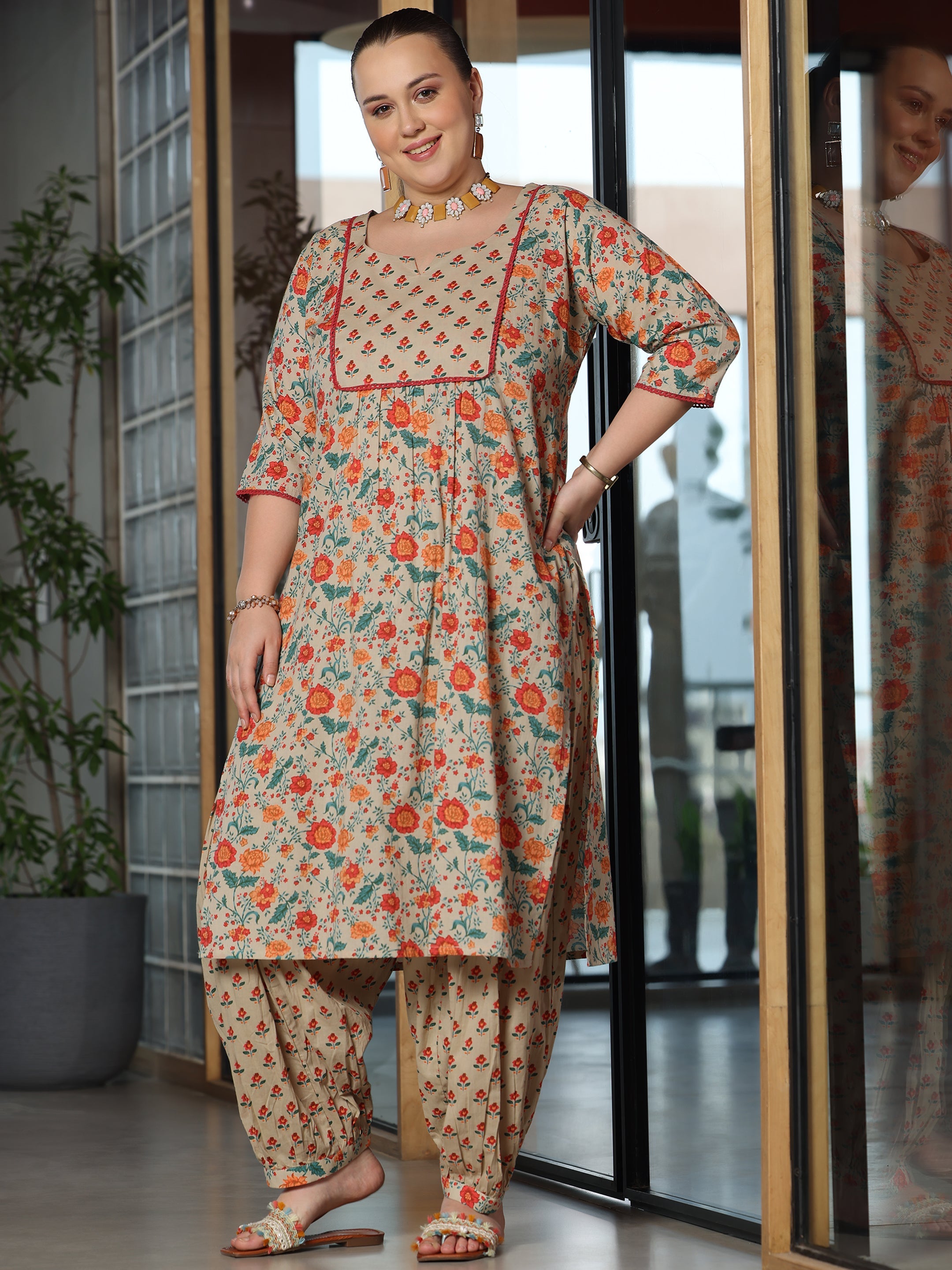 Plus Size Beige Printed Cotton Straight Kurta Set