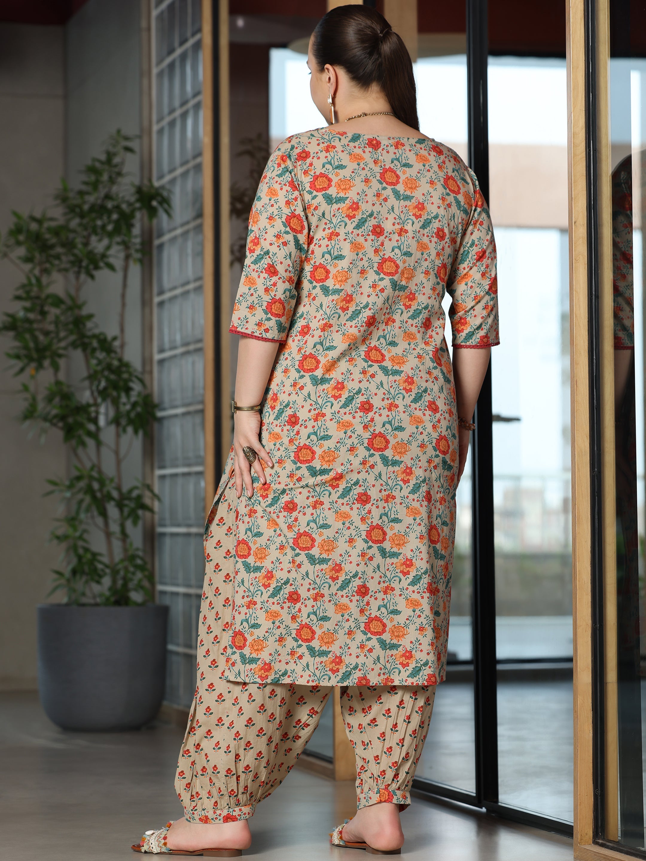 Plus Size Beige Printed Cotton Straight Kurta Set