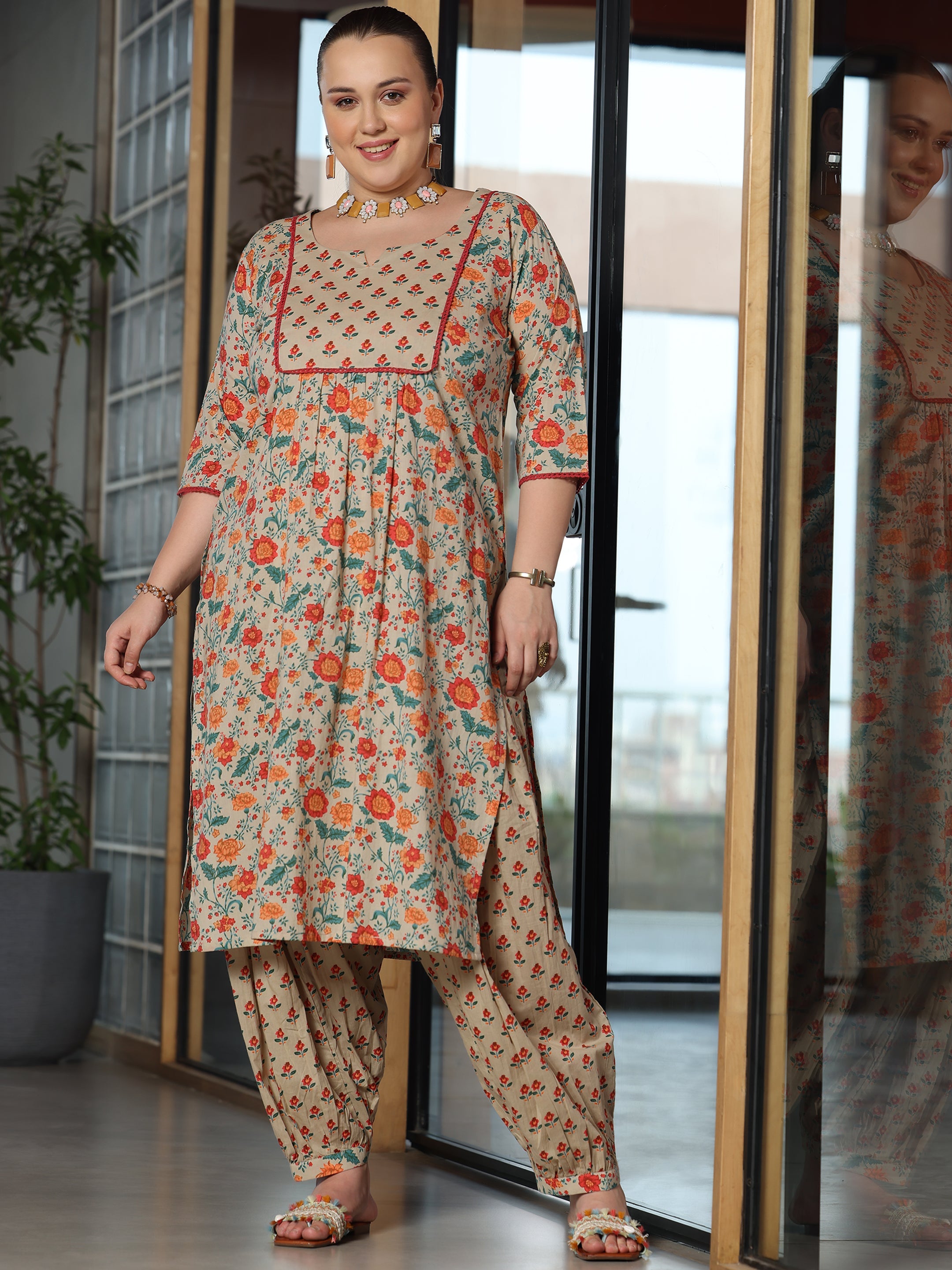 Plus Size Beige Printed Cotton Straight Kurta Set