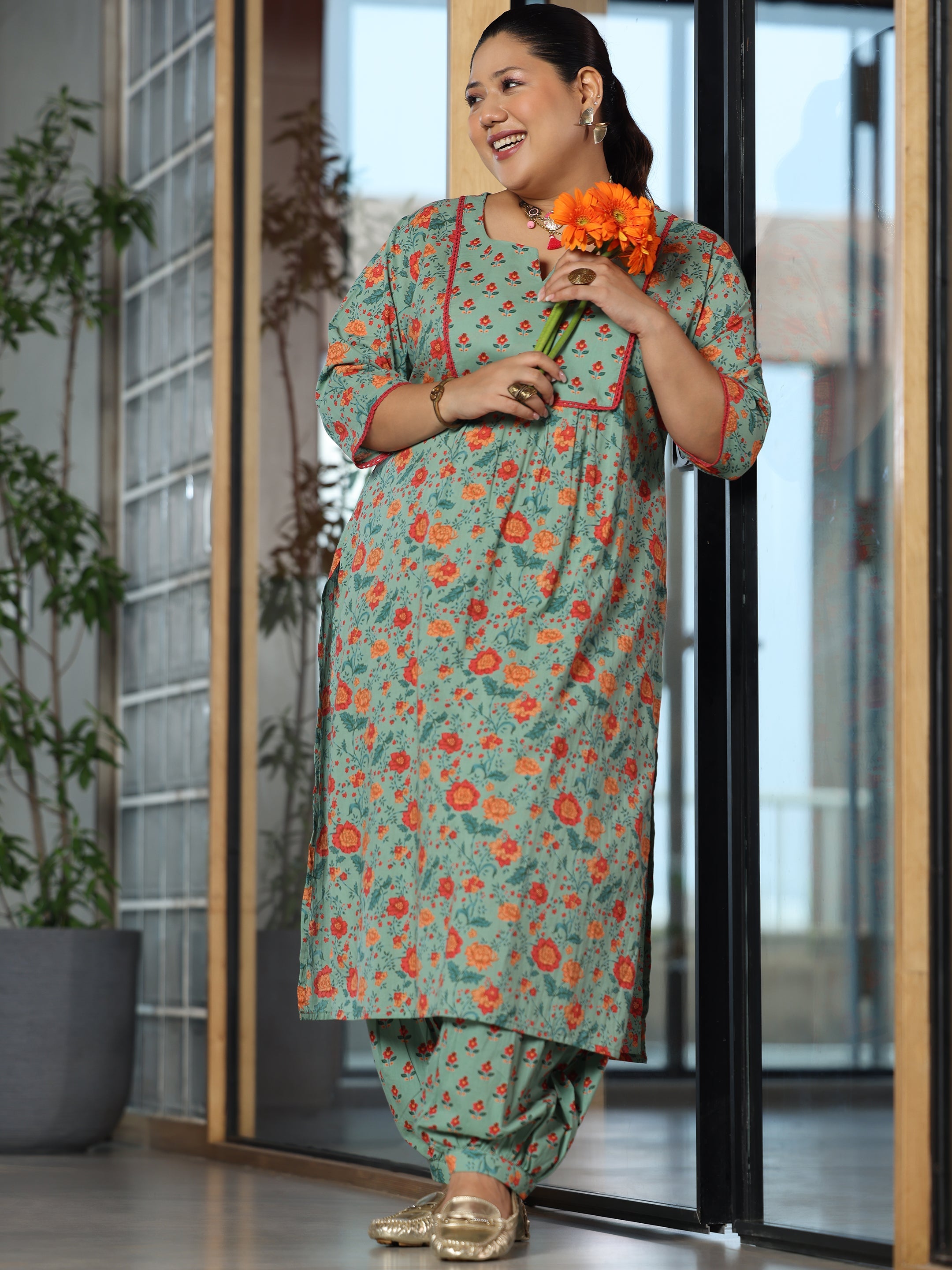 Plus Size Green Printed Cotton Straight Kurta Set