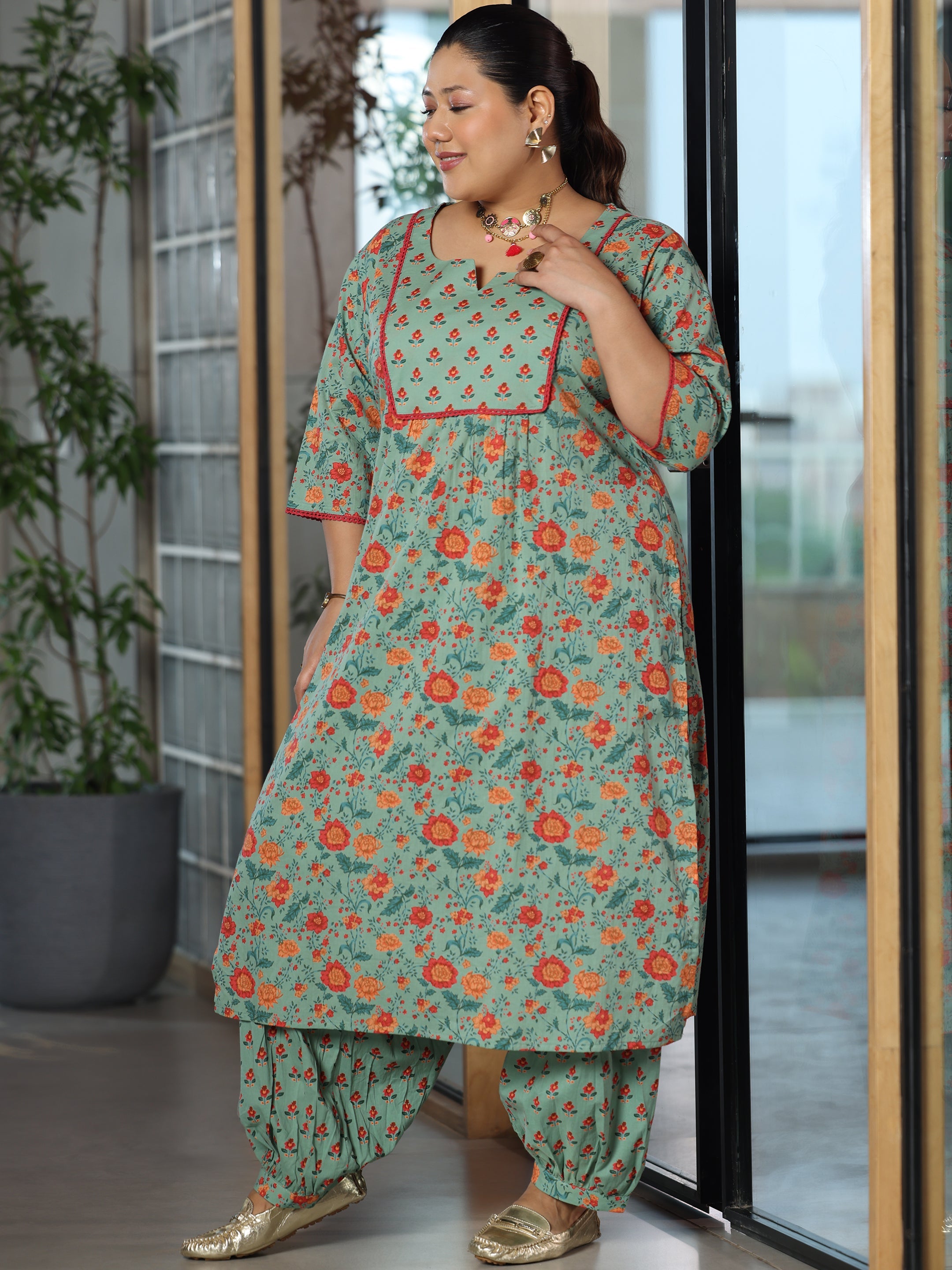 Plus Size Green Printed Cotton Straight Kurta Set