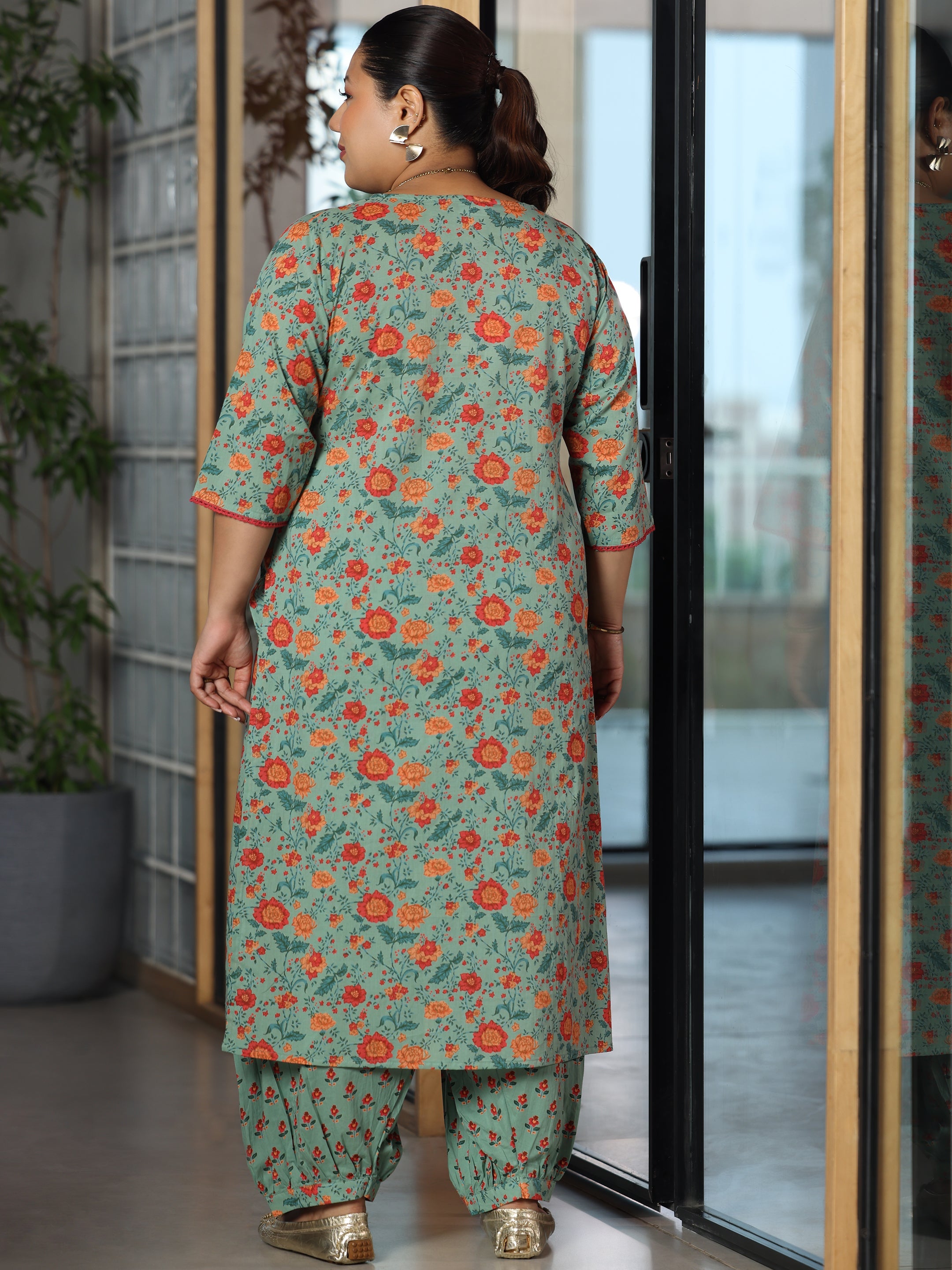 Plus Size Green Printed Cotton Straight Kurta Set