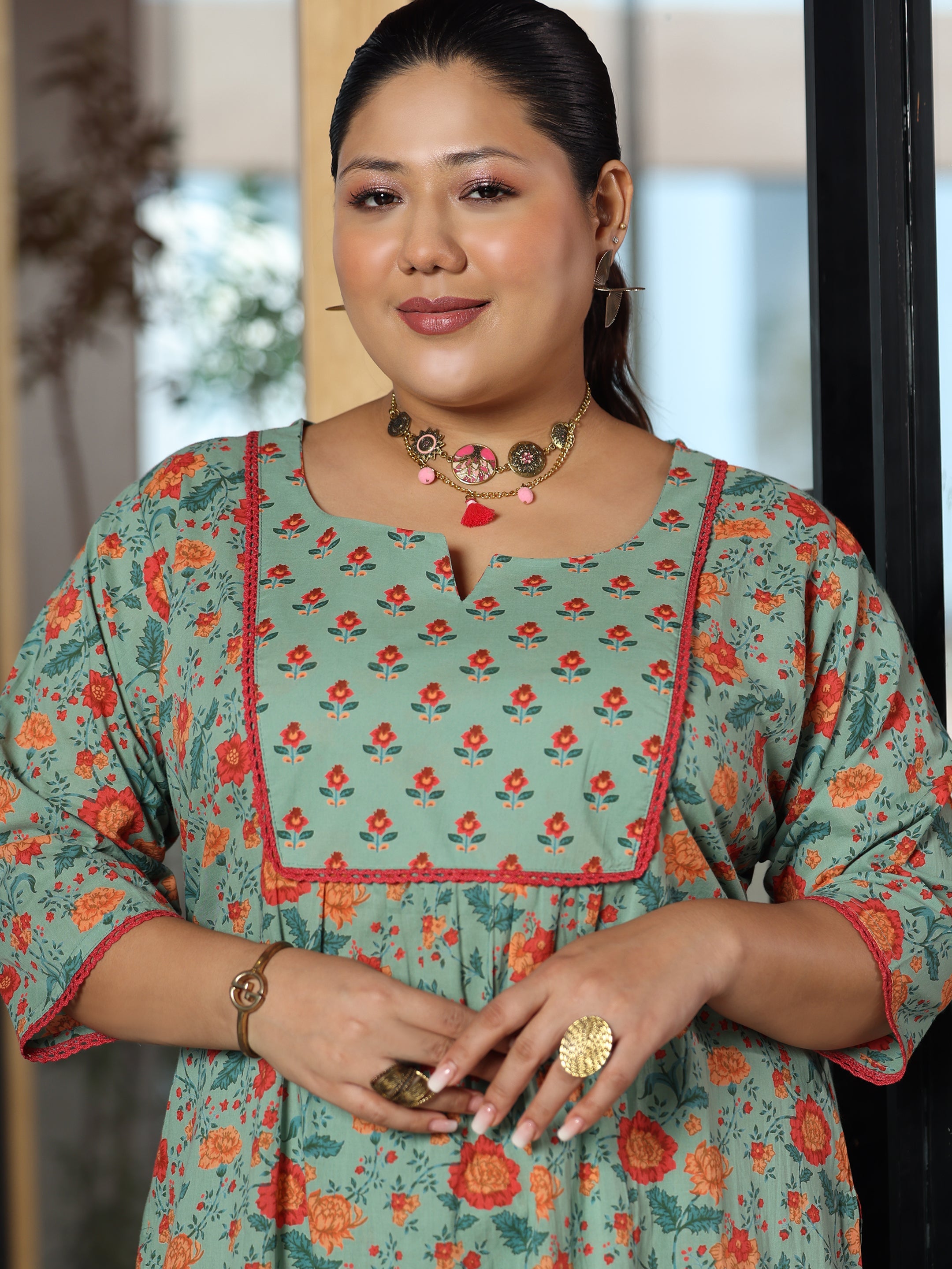 Plus Size Green Printed Cotton Straight Kurta Set