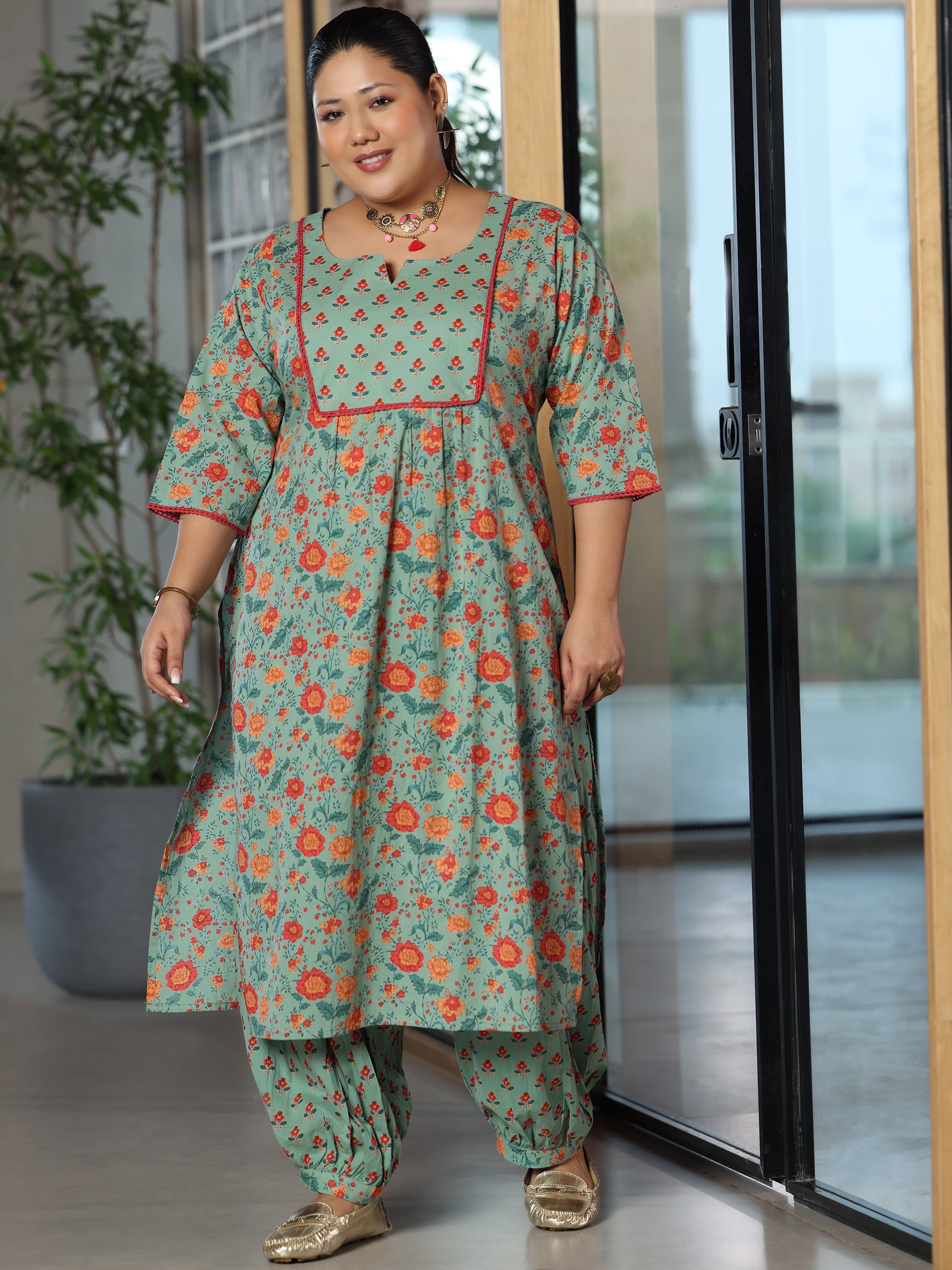 Plus Size Green Printed Cotton Straight Kurta Set